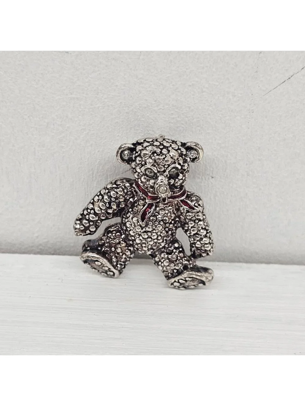 Vintage AAI Signed Teddy Bear Brooch  Textured Silver Tone Red...